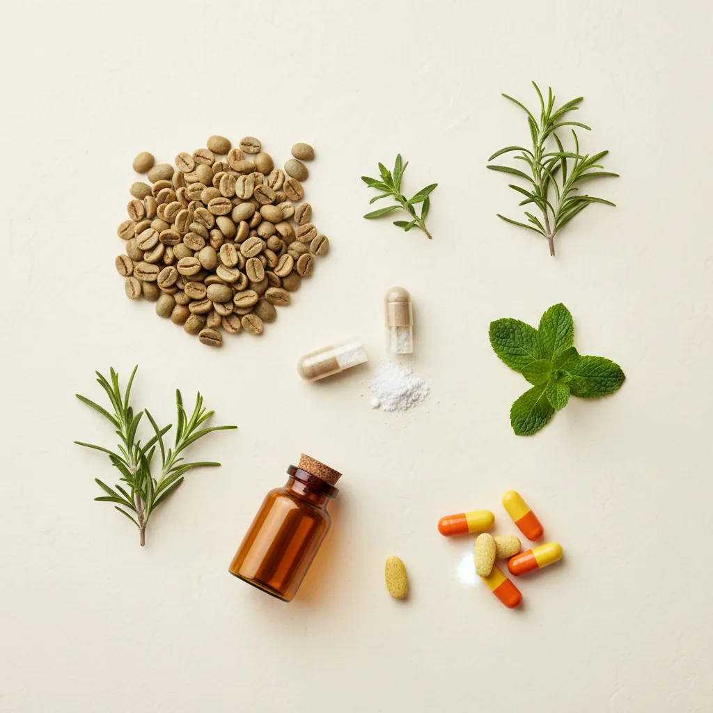 Natürliche Zutaten: Grüne Kaffeebohnen, L-Carnitin, B-Vitamine und Kräuter als Flat Lay auf cremefarbenem Hintergrund