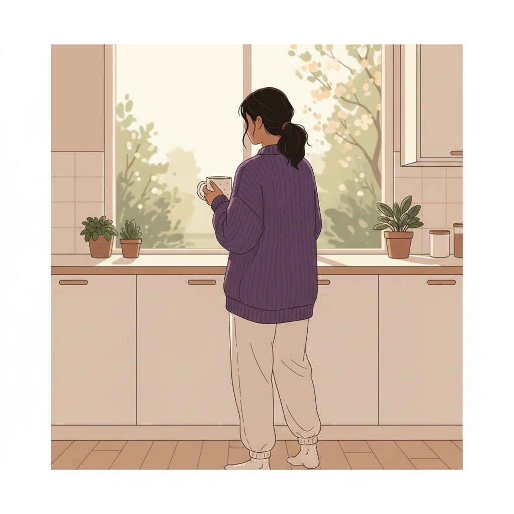 Person hält morgendliche Kaffeetasse an einem sonnigen Küchenfenster